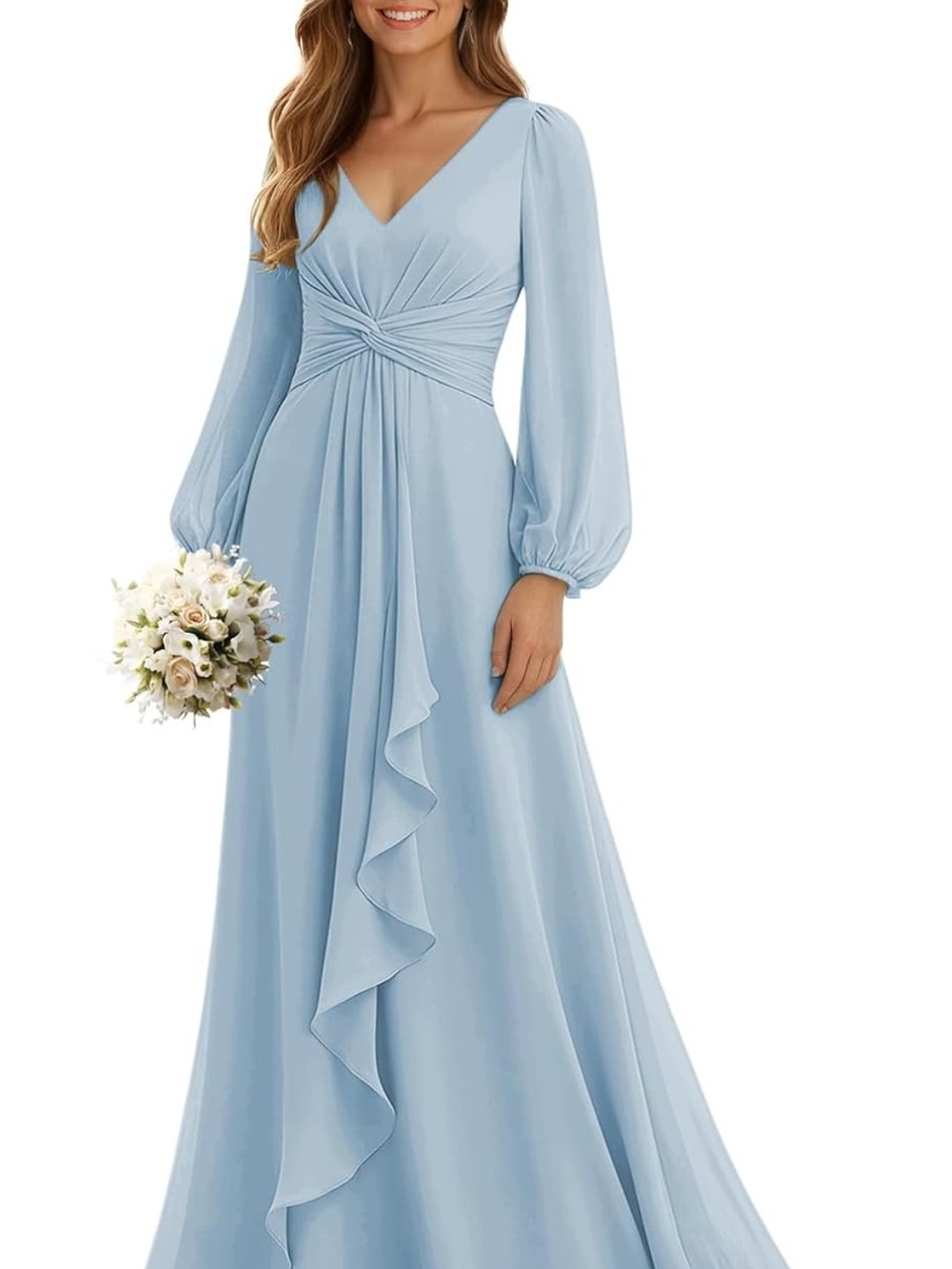 SNOWROSE Long Sleeve Bridesmaid Dress V Neck Pleated A Line Chiffon Ruffle